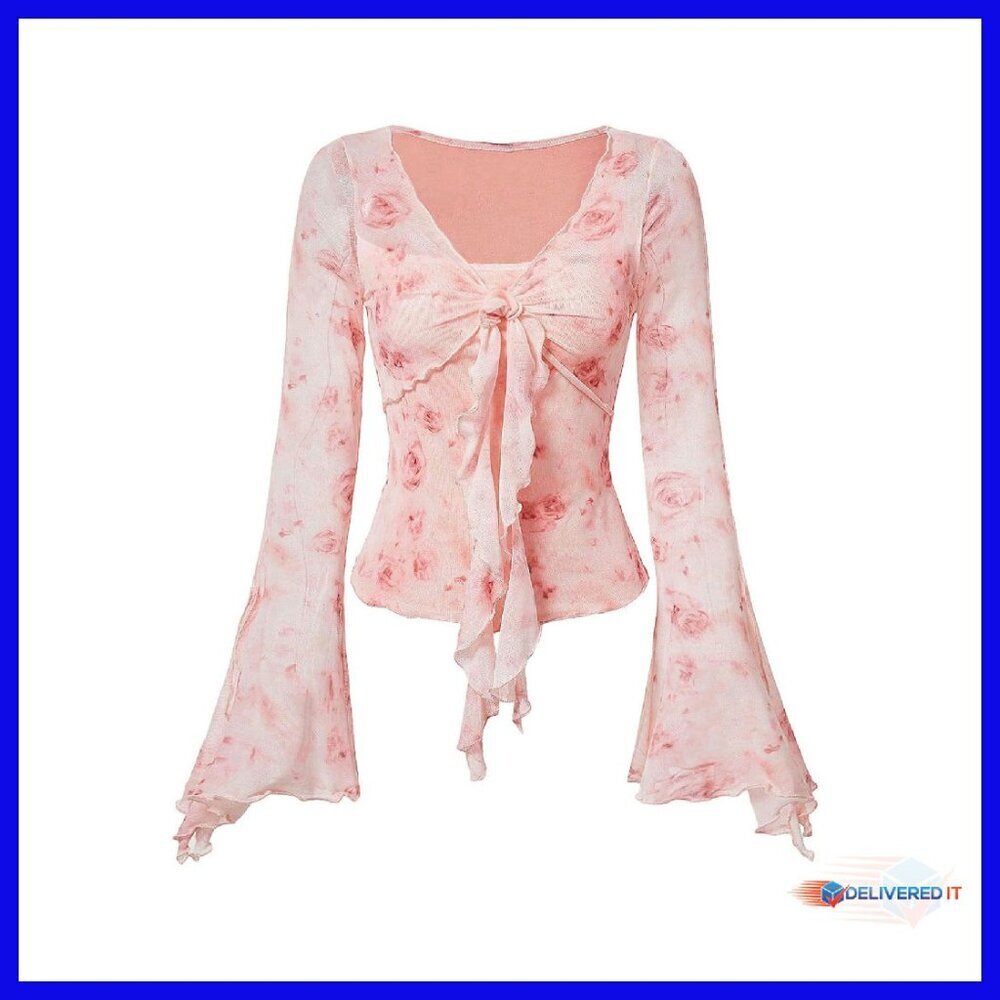 Y2K Bell Sleeve Mesh Top with Tie Front - Soft Stretch Fabric